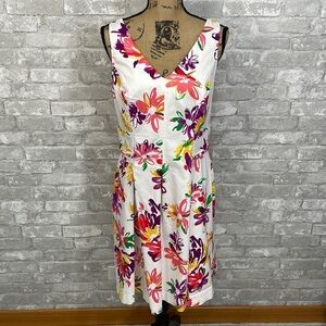 Chaps White Floral Cotton VNeck Fit & Flare Dress